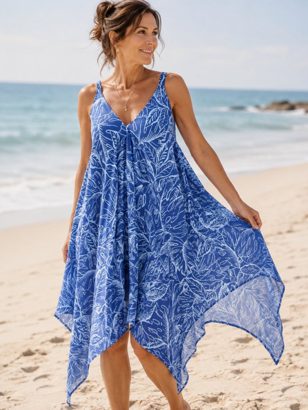 Japna Blue White Tropical Print Handkerchief Hem Dress Size Large